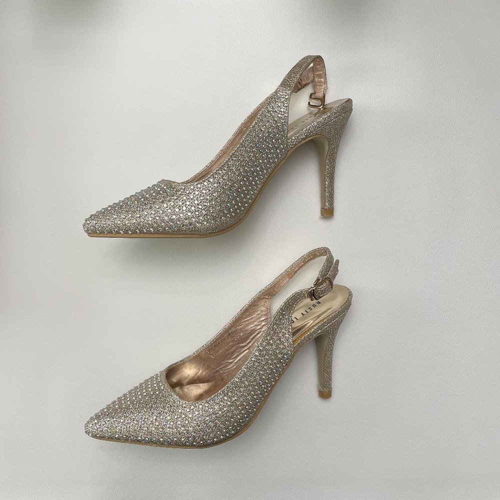 Rusty Lopez Pointed-toe slingback heels Bedazzeled Gold